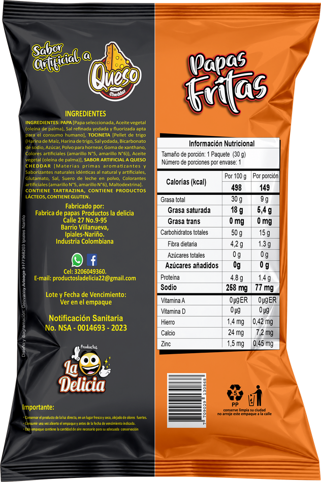 Queso Cheddar, reverso con información nutricional e ingredientes